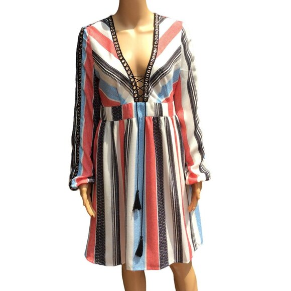 AMT Dresses & Skirts - AMT Size M Long Puff Sleeve Dress Gypsy Boho Retro V-Neck Tassel Lace-up Striped